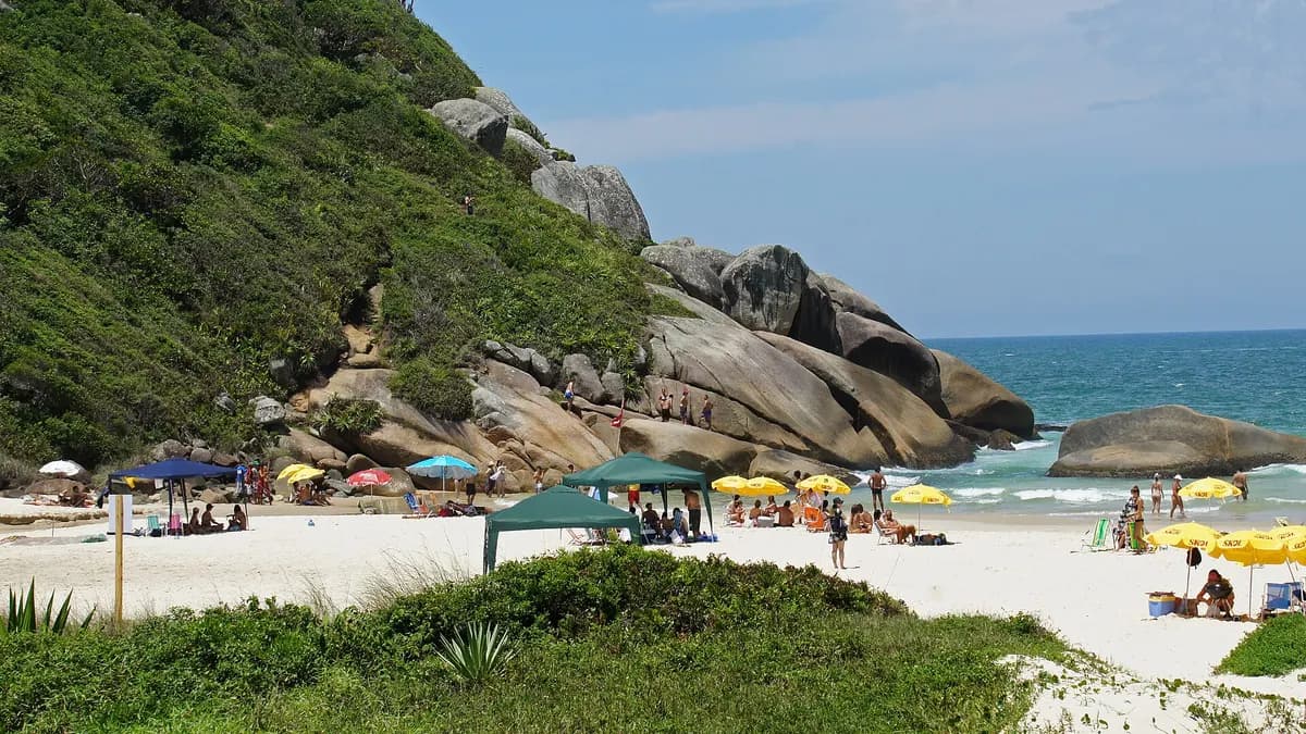 Playa Brava en el norte de la isla de Florianópolis con edificios frente al mar