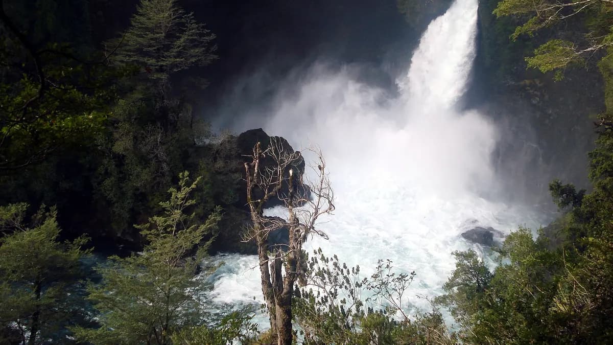 Cascada del río Huilo Huilo con espuma blanca rodeada de vegetación