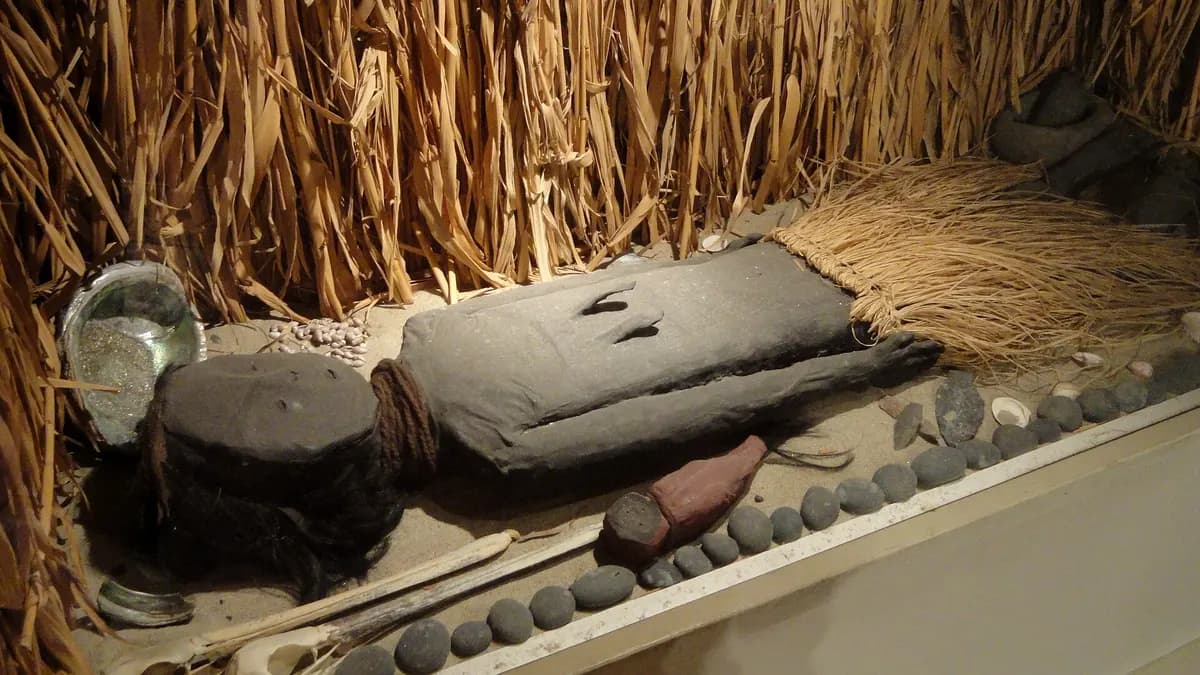 Cuerpo momificado de la cultura Chinchorro con máscara, exhibido tras un vidrio