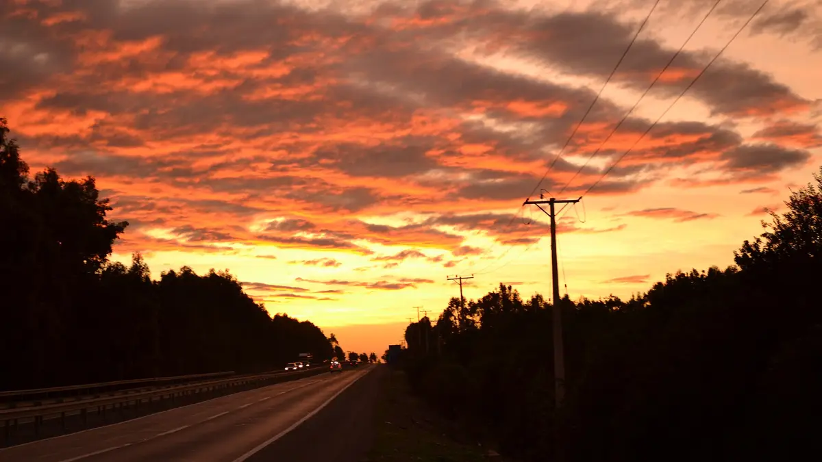 Atardecer naranjo sobre la Ruta 5 Norte en la Región de Valparaíso con postes al costado del camino