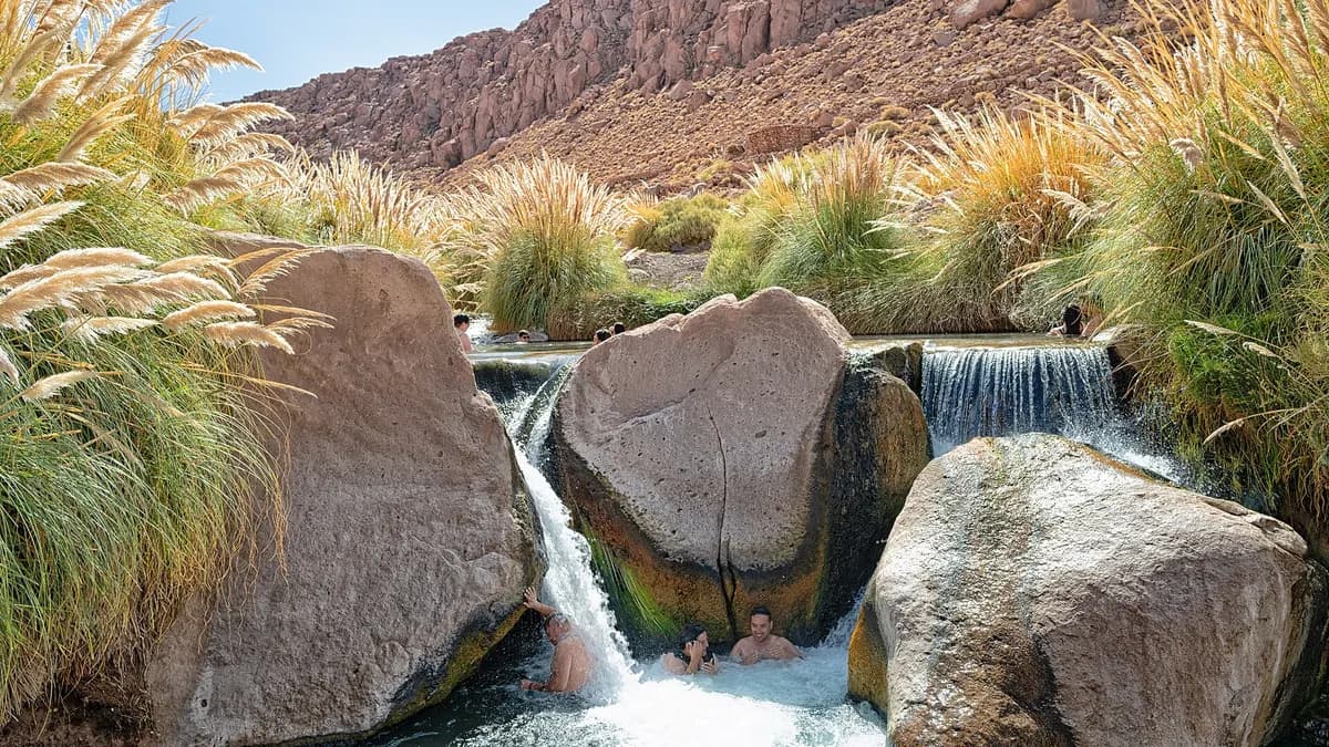 Pozas termales entre piedras y pastos altos en una quebrada del desierto de Atacama